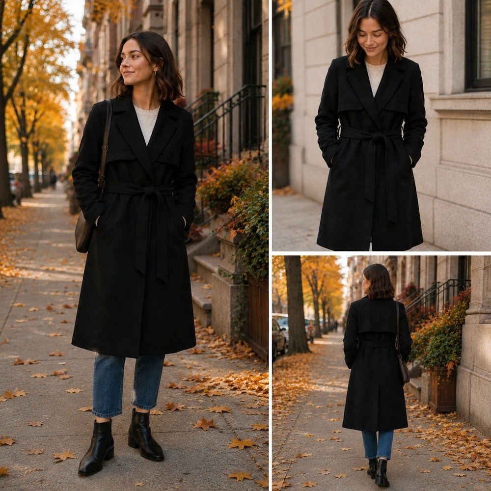 J.Crew Harriet Trench Coat Womens SP Black Wool Blend Belted Wrap Overcoat BV873